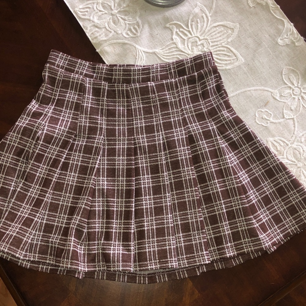 Brown and Ivory Pleated Plaid Skirt S By Originality